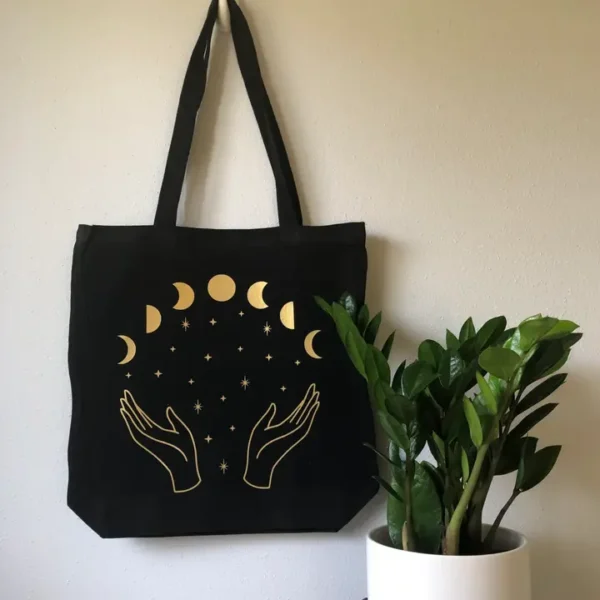 Black Mystic Moon Phases Witchy Tote Bag