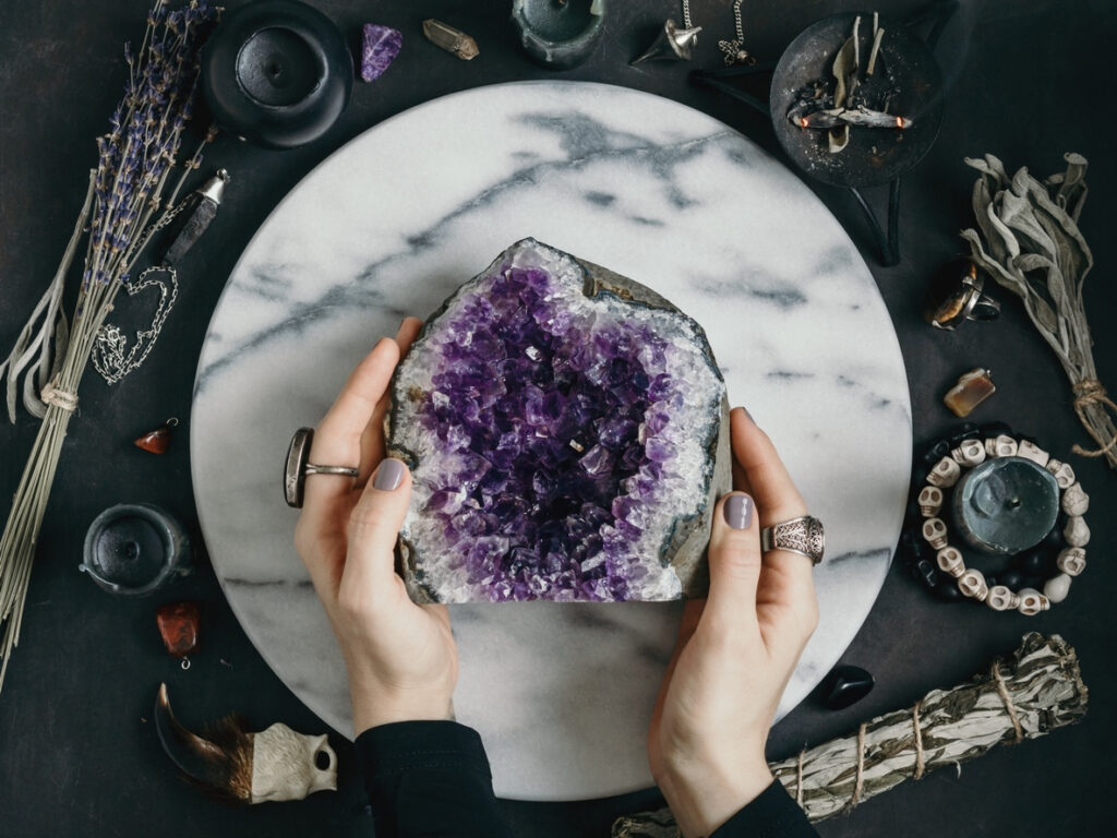 A purple amethyst crystal at a metaphysical supplies store